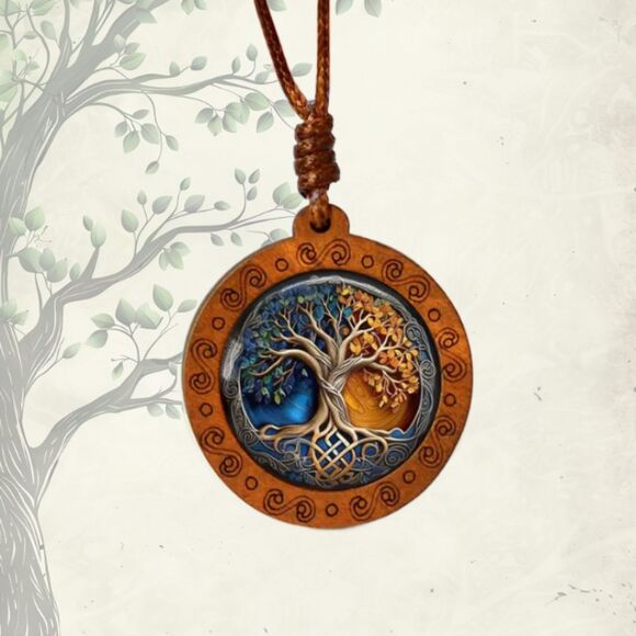 Tree of Life Necklace Blue Orange Wood Glass on a Rope Men Women Teens - Picture 2 of 8